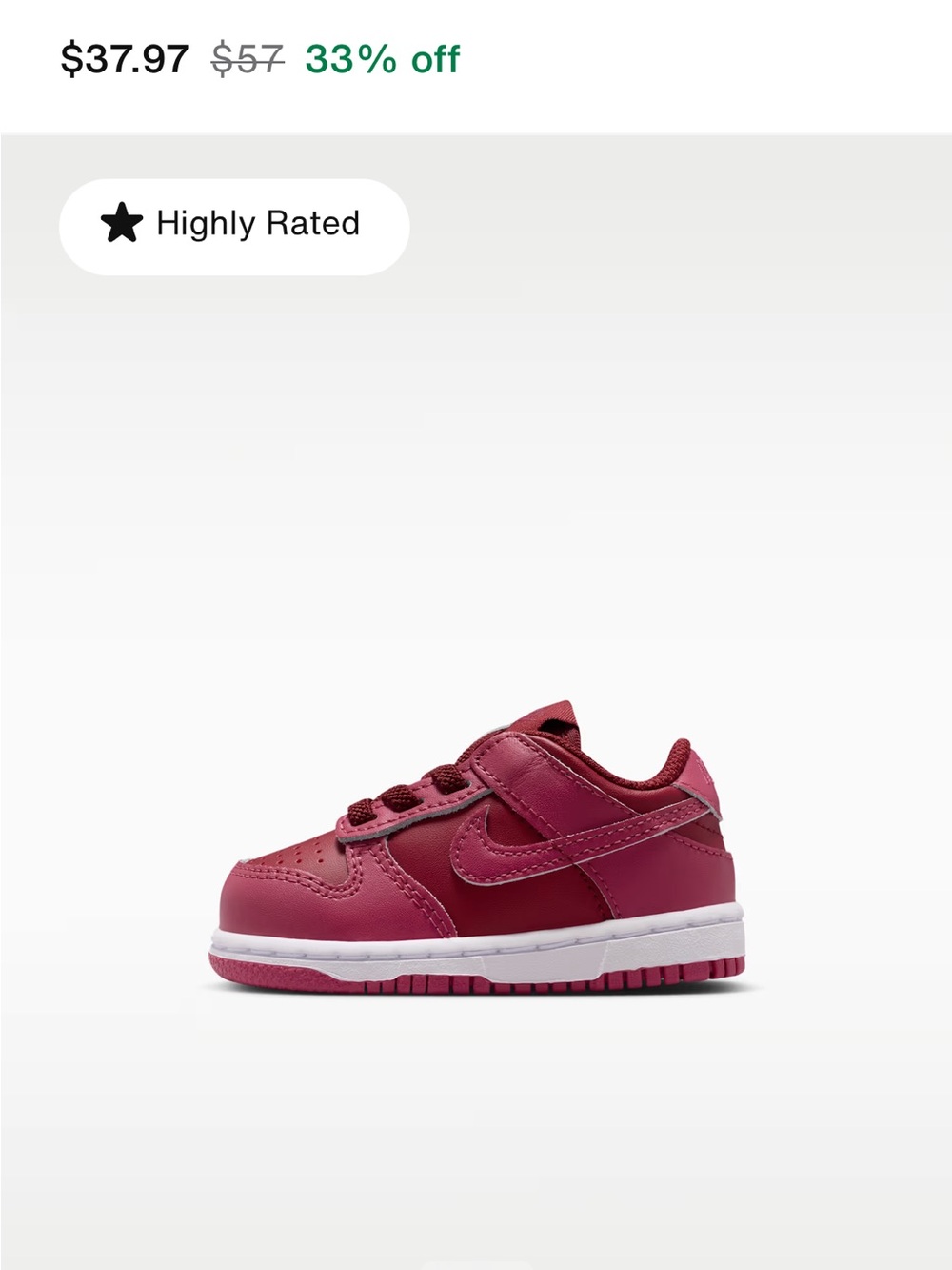 Nike Kids' Dark Pink Low-Top Sneaker with Hook-and-Loop Strap -7c